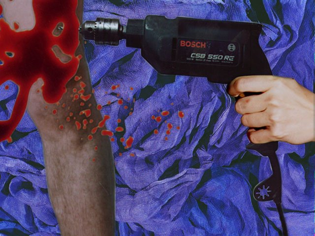 Collage of a hand confidently holding an industrial screw, drilling its way into a human hairy limb. A blood splatter sprays the top left. It is in the background of a drawn purple and blue scrunched fabric.