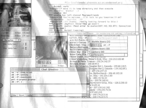 A collage of different black, white, and grey interfaces such as a chat window, participant list, audio, two windows showing a person in lab and a penis, overlayed on an abstract image of fabric flowing.