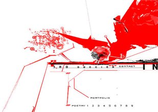 A splatter of red creating an abstract futuristic triangular spaceship with red lines line spider legs connecting to lines of black text.