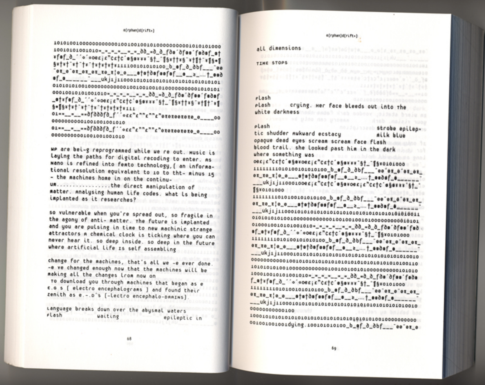 Scanned pages of a book with black text, binary numbers, and symbols, in a tech font on a white page.