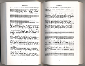 Scanned pages of a book with black text, binary numbers, and symbols, in a tech font on a white page.