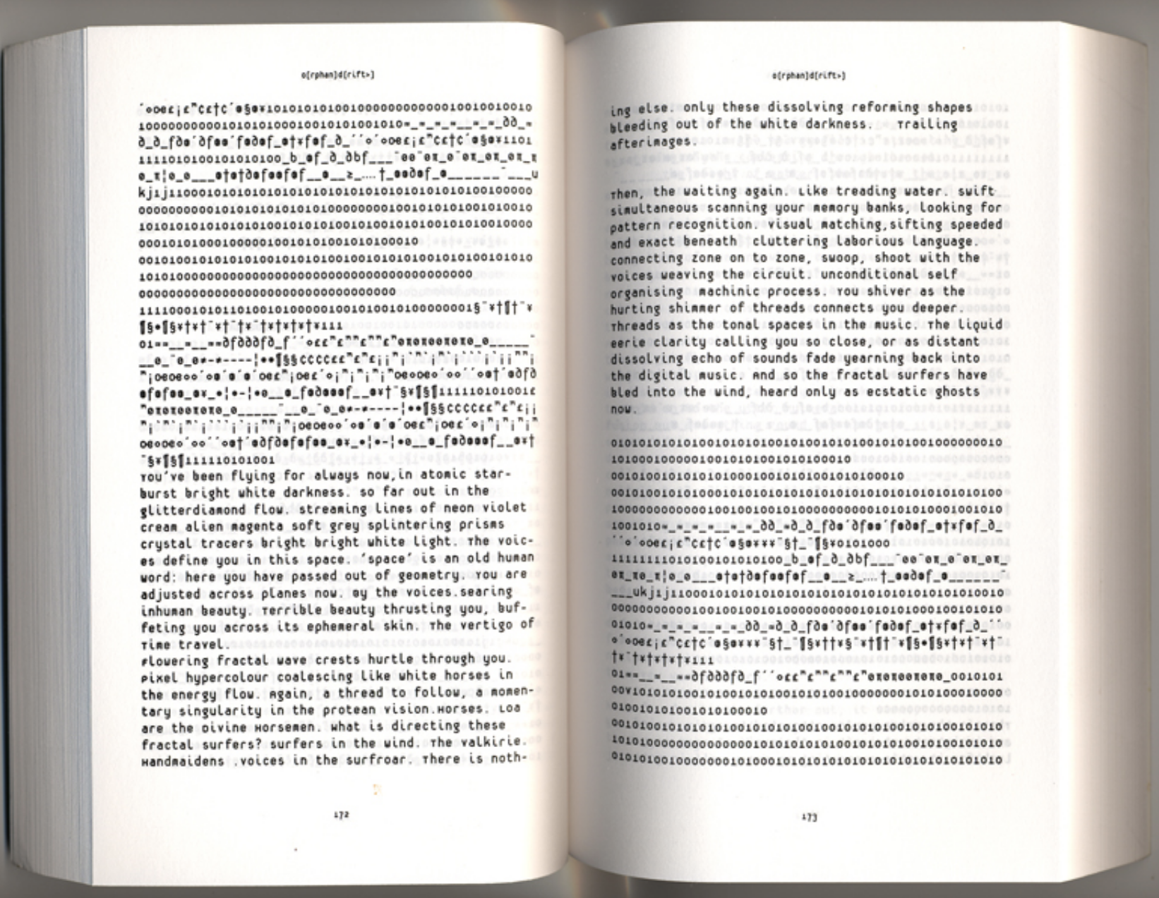 Scanned pages of a book with black text, binary numbers, and symbols, in a tech font on a white page.