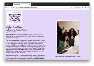 A lavender webpage with a logo of a  graphic illustration of three tipis followed by paragraphs of black text on the left and a photo with three women huddling around a computer on the right.