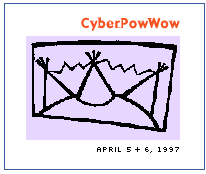 A graphic comic illustration of three tipis connected by the tips with a black squiggly line in front of a lavender background. CyberPowWow typed in orange is on the top right and the date is on the bottom right.