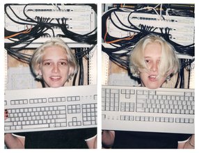 Collage of two images of punk-rock hacker chick in bleach blonde hair holding an upside down white keyboard in front of an electric box with black wires. She strikes a pose on the left and she looks dishevelled, hair draping her face on the right.