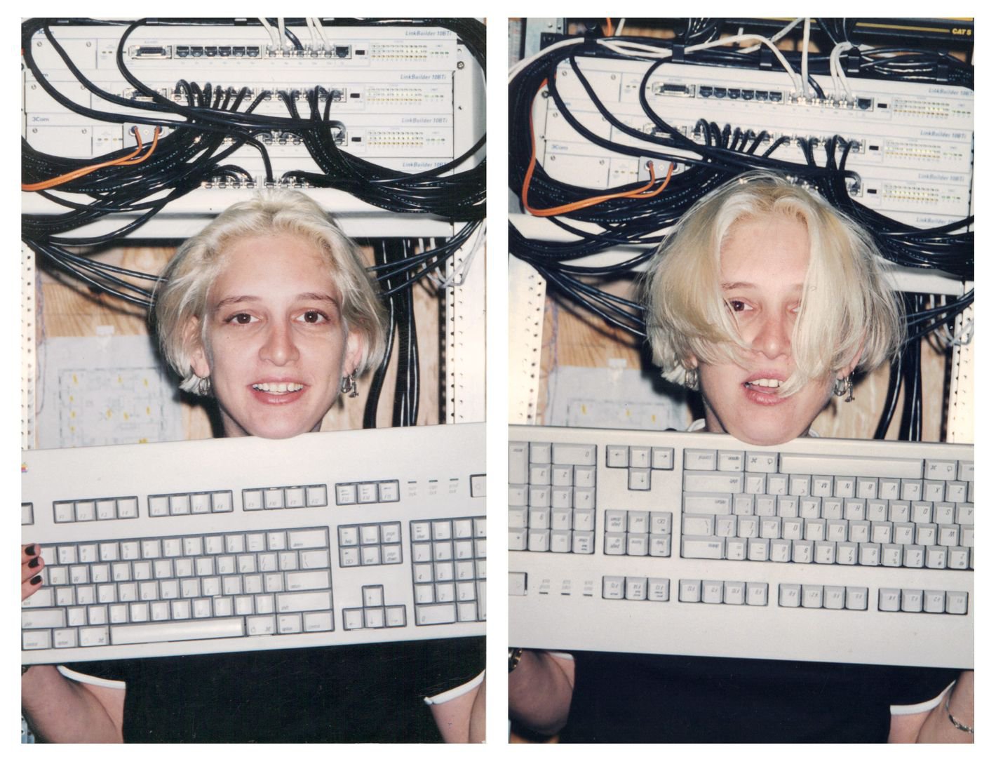 Collage of two images of punk-rock hacker chick in bleach blonde hair holding an upside down white keyboard in front of an electric box with black wires. She strikes a pose on the left and she looks dishevelled, hair draping her face on the right.