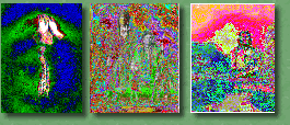 Three pixelated graphic pointillism paintings showing colorful and abstract images of Native American portraits.