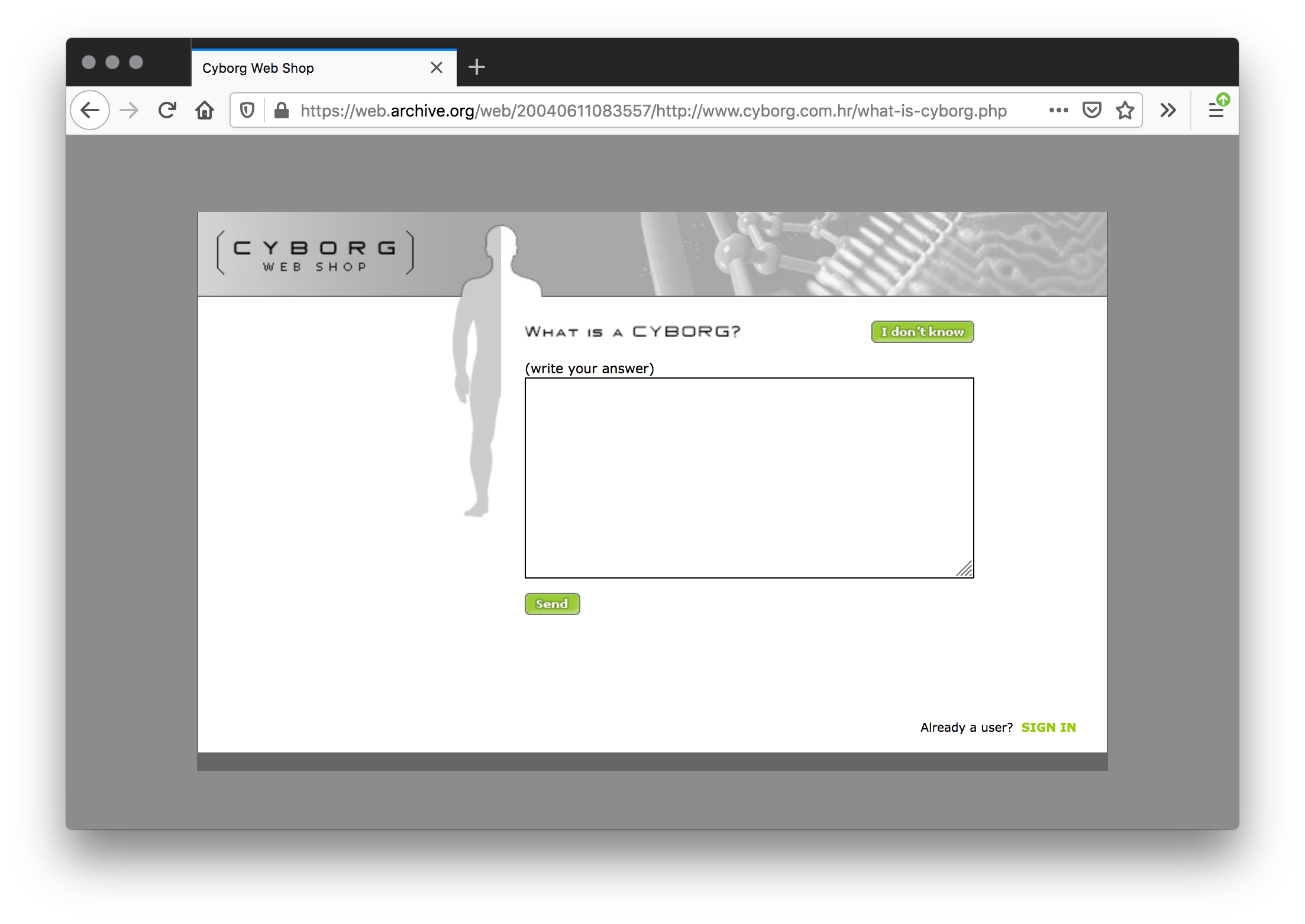 Screenshot of a website with a gray background. In the center is a banner that says Cyborg Web Shop with a silhouette of a man next to a text field that says “What is a cyborg?”