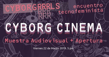 website banner for Cyborg Cinema, with pink and white text on a dark purple background
