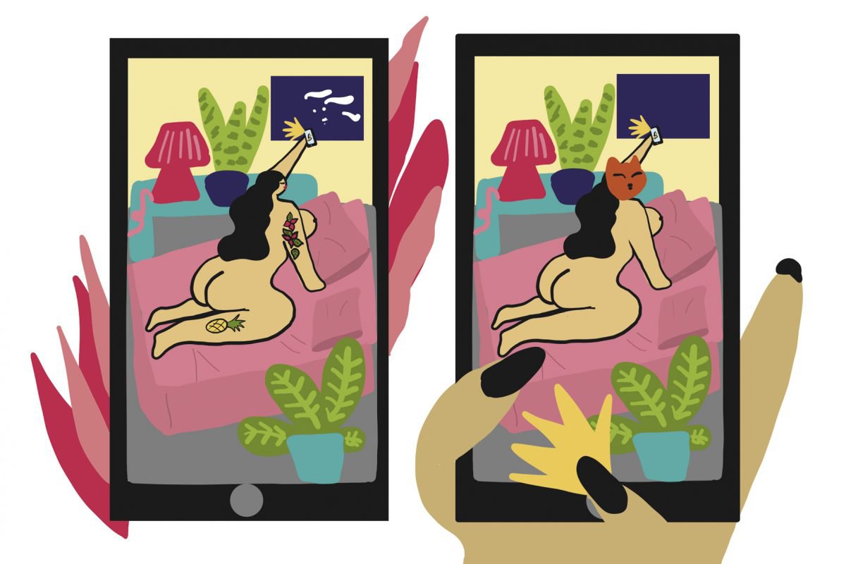 A graphic illustration of two smart phones juxtaposed held by either a hand or a flame. The screen shows a bodacious female naked on a bed, taking nude photos with a smart phone. The female wears a fox mask on the right phone.