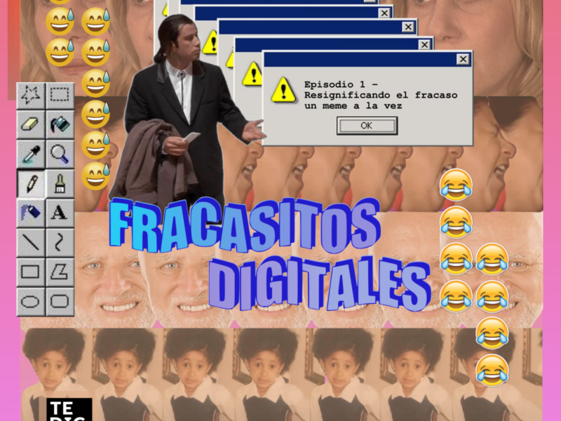 A humorous Gen-Z like collage made with laughing and nervous face emojis, old school Microsoft Word graphic fonts, a picture of John Trevolta from Pulp Fiction, memes overlayed in tiles as the background, and a glitch of vintage webpage popups.