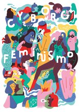 A colorfully illustrated playful and queer collage showing women doing various activities, such as using technology, kissing, running, wearing a gorilla mask, singing into a microphone, making music, drawing, taking photos, and so on.