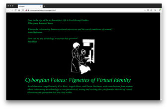 A black webpage filled with green text. The center has a black and white graphic image of a silhouette image: a woman with an afro holds a clipboard and rests her hand on the shoulder of the other that sits while engaging with a large mechanical device.