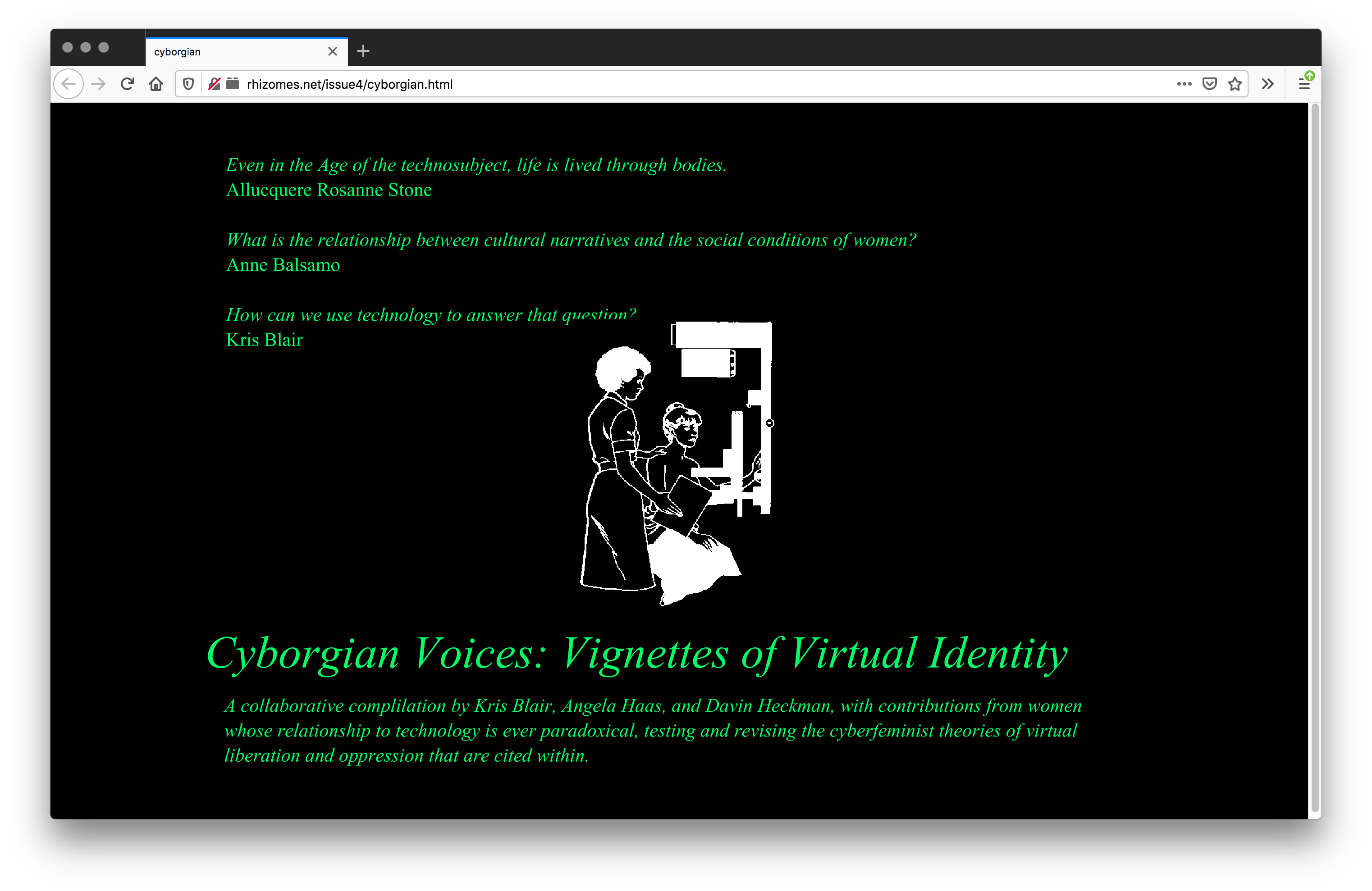 A black webpage filled with green text. The center has a black and white graphic image of a silhouette image: a woman with an afro holds a clipboard and rests her hand on the shoulder of the other that sits while engaging with a large mechanical device.