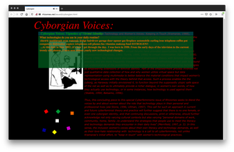 A black webpage filled with red text and an illustration of a woman with a clipboard resting her hand on the shoulder of one sitting at a large mechanical device and colorful squares below. A transparent green window with orange text covers the top.