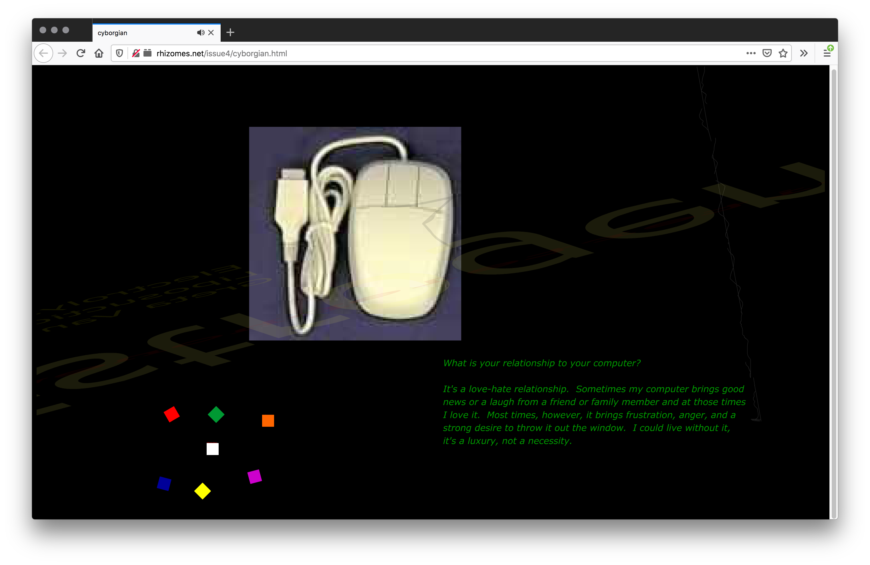 A black webpage with a transparent image of a white mouse wired mouse, wire neatly coiled. The bottom left shows seven small colorful squares scattered. The bottom right has a paragraph of green text. A transparent typed word fills the background.