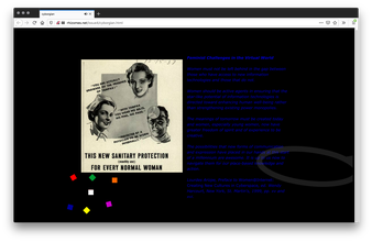 A black webpage with an image of a vintage Tampax poster with drawings of a woman, a female nurse, and a male doctor. To the right has paragraphs of blue text. The bottom left has seven small colorful squares scattered.