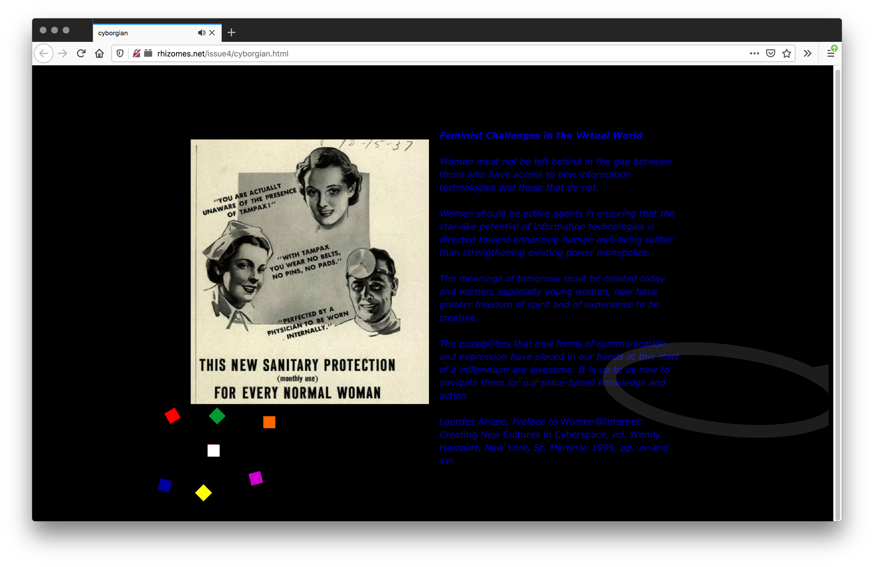 A black webpage with an image of a vintage Tampax poster with drawings of a woman, a female nurse, and a male doctor. To the right has paragraphs of blue text. The bottom left has seven small colorful squares scattered.