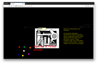 A black webpage with a graphic image of hair supplies such as a brush, rollers, a hair dryer, and a yellow tab that says "Bodies." Red text titles the image. To the right is yellow text. The bottom left has seven small colorful squares scattered.