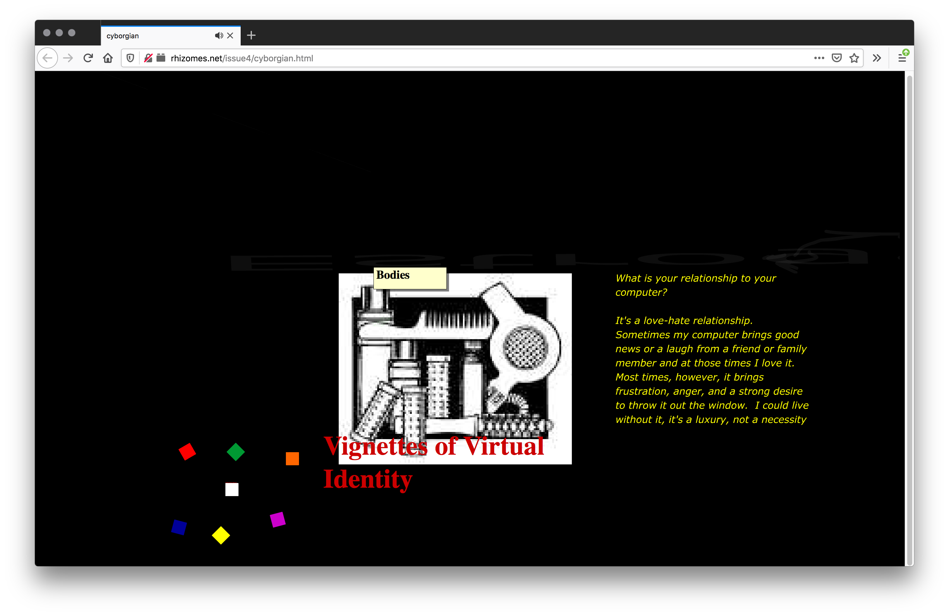 A black webpage with a graphic image of hair supplies such as a brush, rollers, a hair dryer, and a yellow tab that says "Bodies." Red text titles the image. To the right is yellow text. The bottom left has seven small colorful squares scattered.