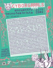 green flyer with Cyborgrrrls in red at the top surrounded by handdrawn avatars, pink circuit illustrations