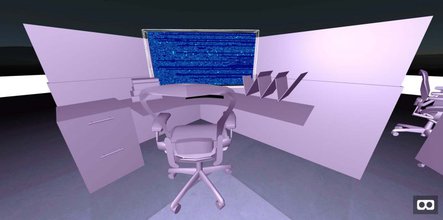 a light purple 3D render of a desk in a cubicle with computer with a blue glitchy screen