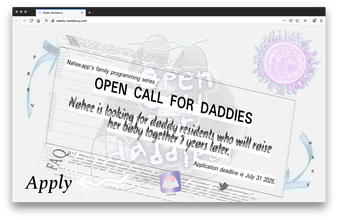 website screenshot that says open call for daddies on a rotating hexagon with a floating purple cell in the top right and two blue arrows