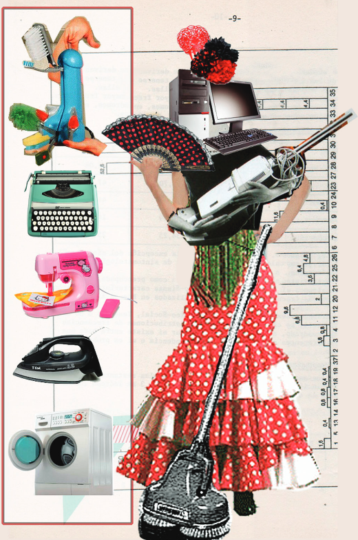 A collage of female figure with a computer scren for a face, holding a fan, wearning a ruffled red skirt, with a vacuum