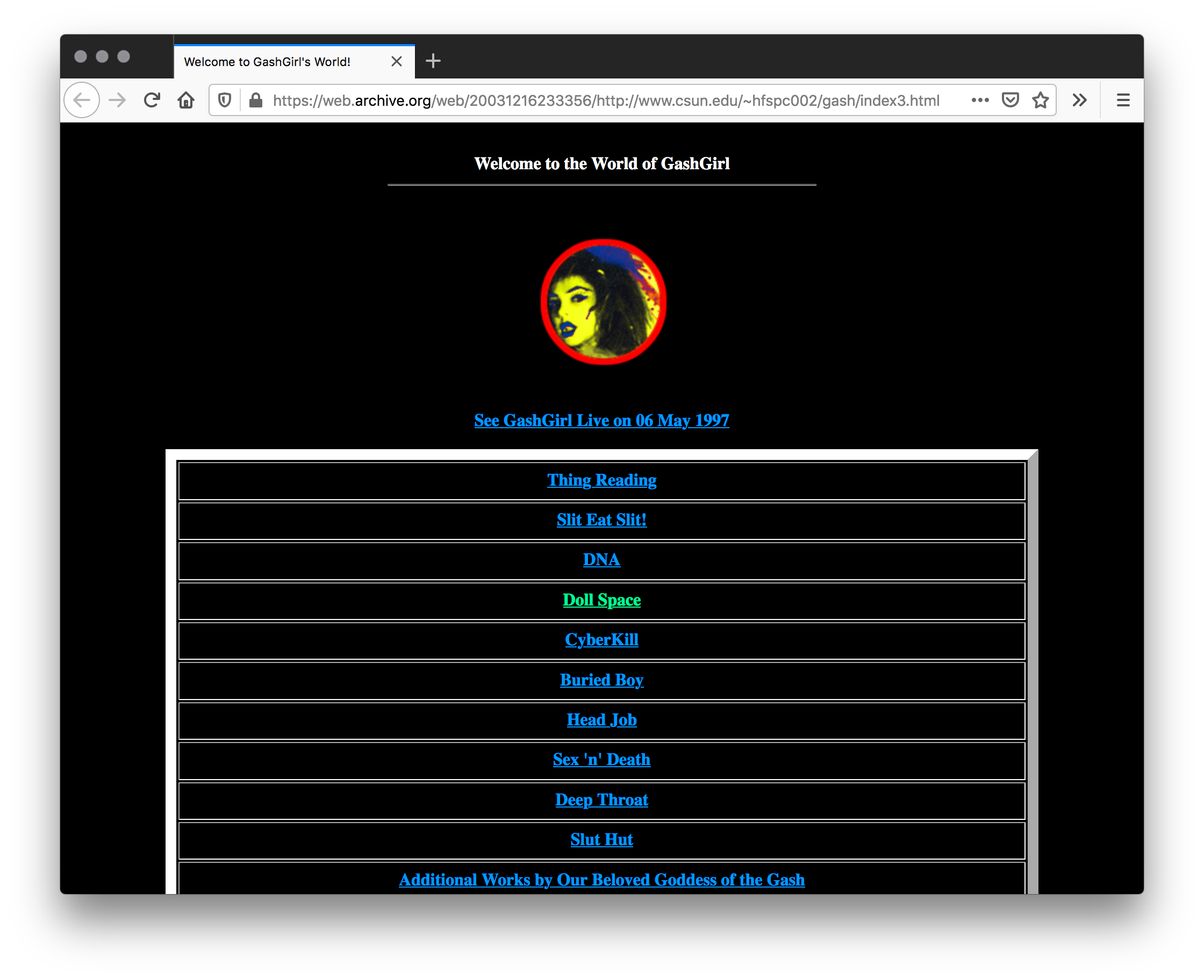 Screenshot of black website with a white header, a red circle with a yellow filtered portrait of a woman's face, and blue text underlined. Beneath is a white box with columns of blue underlined center-aligned text.