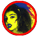 A red circle with a pop-art style filter of a woman with blue lipstick, frayed hair, and yellow skin in front of a background of blue, pink, and red splatter paint.