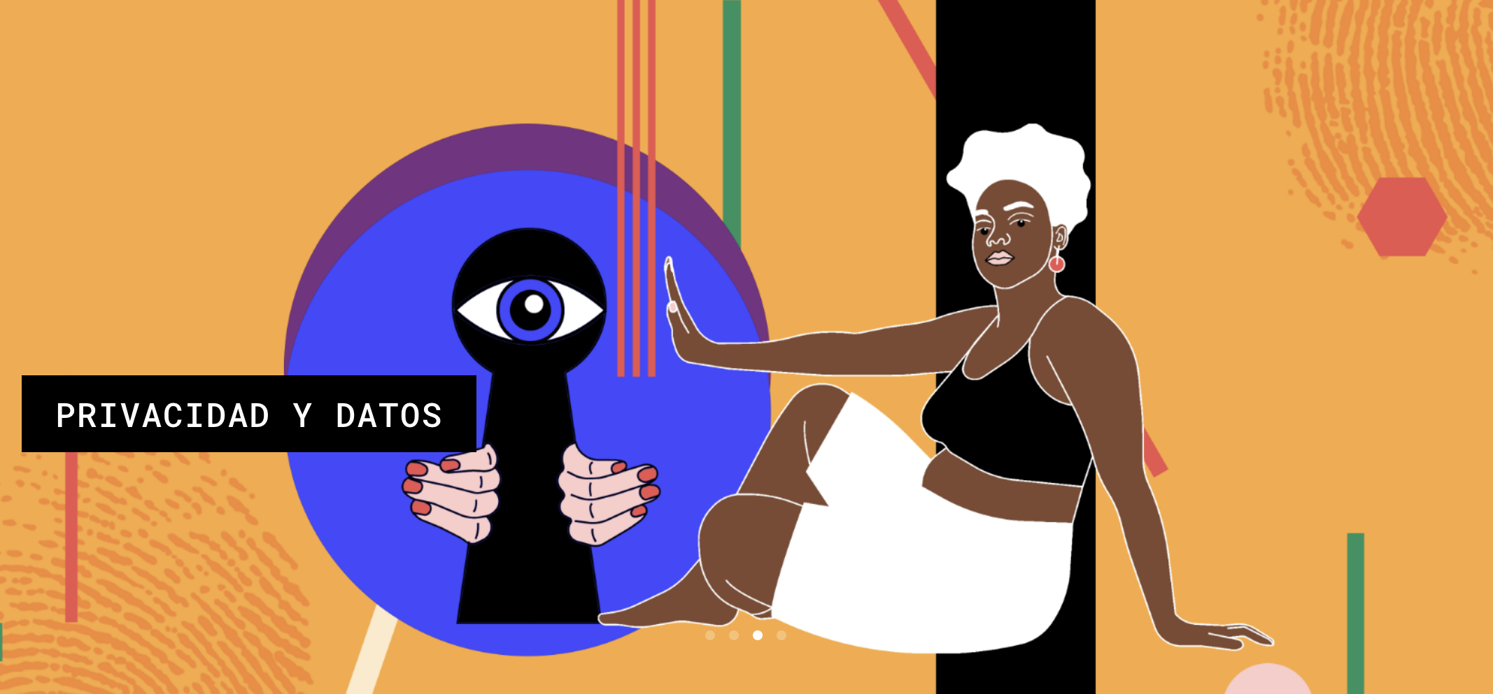 Graphic illustration of woman with brown skin sitting, leaning her hand against a large blue circle with a blue eye and red finger nail painted hands peaking out of a keyhole. Behind is abstract orange wallpaper with fingerprints and geometric shapes.