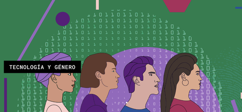 Graphic illustration showing the side profiles of four different people in various skin tones and hair colors standing in a line. Behind is an abstract green wallpaper with geometric patterns and a large circle of white binary code.