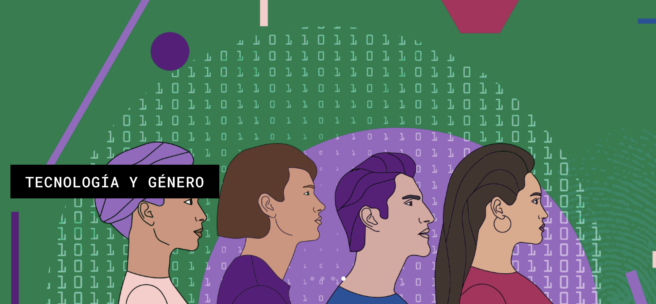 Graphic illustration showing the side profiles of four different people in various skin tones and hair colors standing in a line. Behind is an abstract green wallpaper with geometric patterns and a large circle of white binary code.