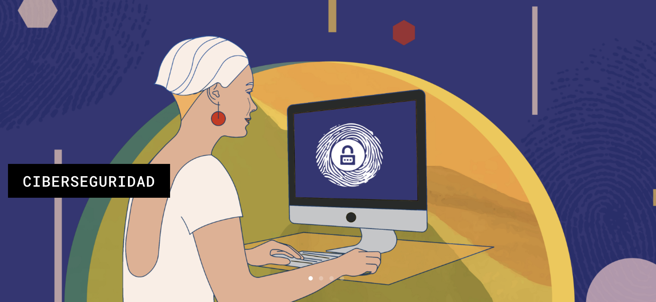 Graphic illustration of short haired woman using a computer that has a thumb print under a locked keypad icon on its screen. Behind is an abstract navy wallpaper with geometric shapes and fingerprints.