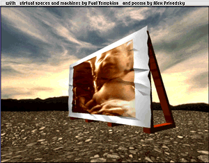 An virtual world with a brightly lit blue sky, sun a blaze behind a silhouttes of a black mountain. In the middle of a rocky plain is a large screen with a sepia-filtered image of a crying baby is held up by wooden planks.