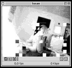 Vintage GUI of a media player showing a low resolution pixelated ambiguous image of a person with long blonde hair sitting on a bed naked.