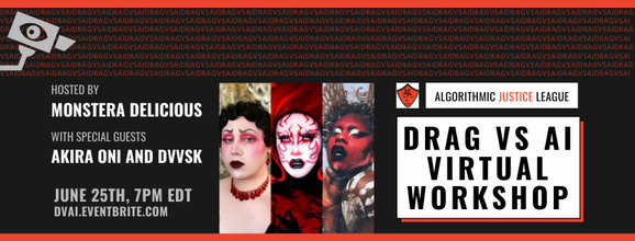 Red and black banner with grey and white text. In the center are columns of three fierce drag queens wearing red and black devil-ish makeup. The top left shows an icon of a surveillance camera and the background are tiles of small red "Drag vs. AI" text.