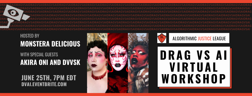 Red and black banner with grey and white text. In the center are columns of three fierce drag queens wearing red and black devil-ish makeup. The top left shows an icon of a surveillance camera and the background are tiles of small red "Drag vs. AI" text.