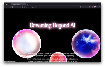 black website screenshot with floating glowing orbs in pink and blue and a pink glowing title that reads “Dreaming Beyond AI”