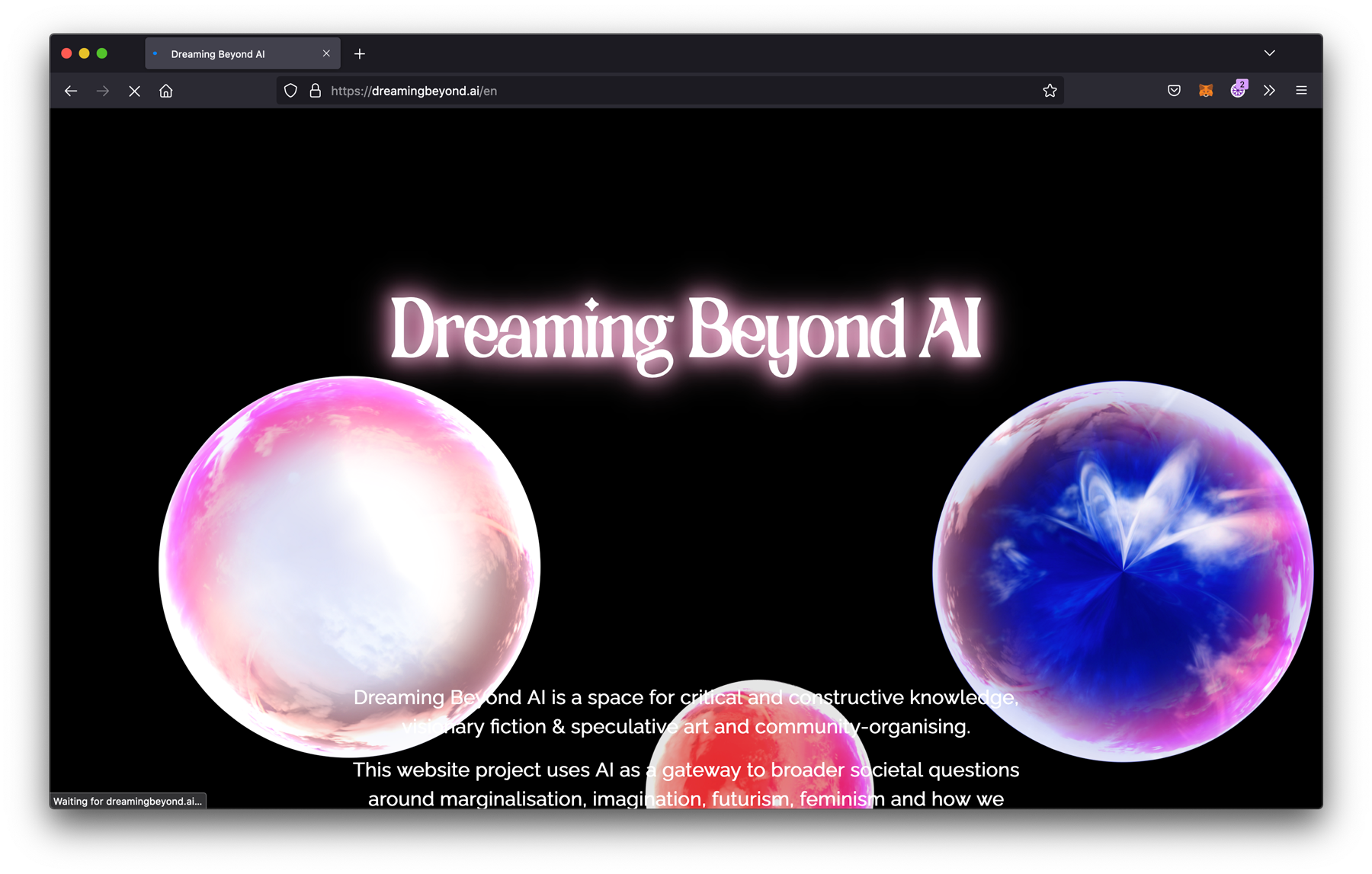 black website screenshot with floating glowing orbs in pink and blue and a pink glowing title that reads “Dreaming Beyond AI”