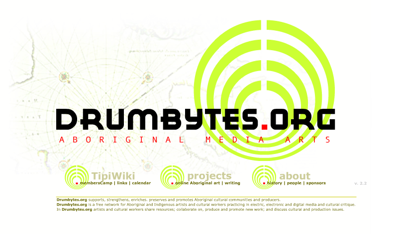 Image of the Drumbytes logo largely typed in black and a line of red text underneath. Behind is four rings creating a sound icon with an image of a map with coordinates behind. Below is a menu with three different pages like TipiWiki, projects, and about.