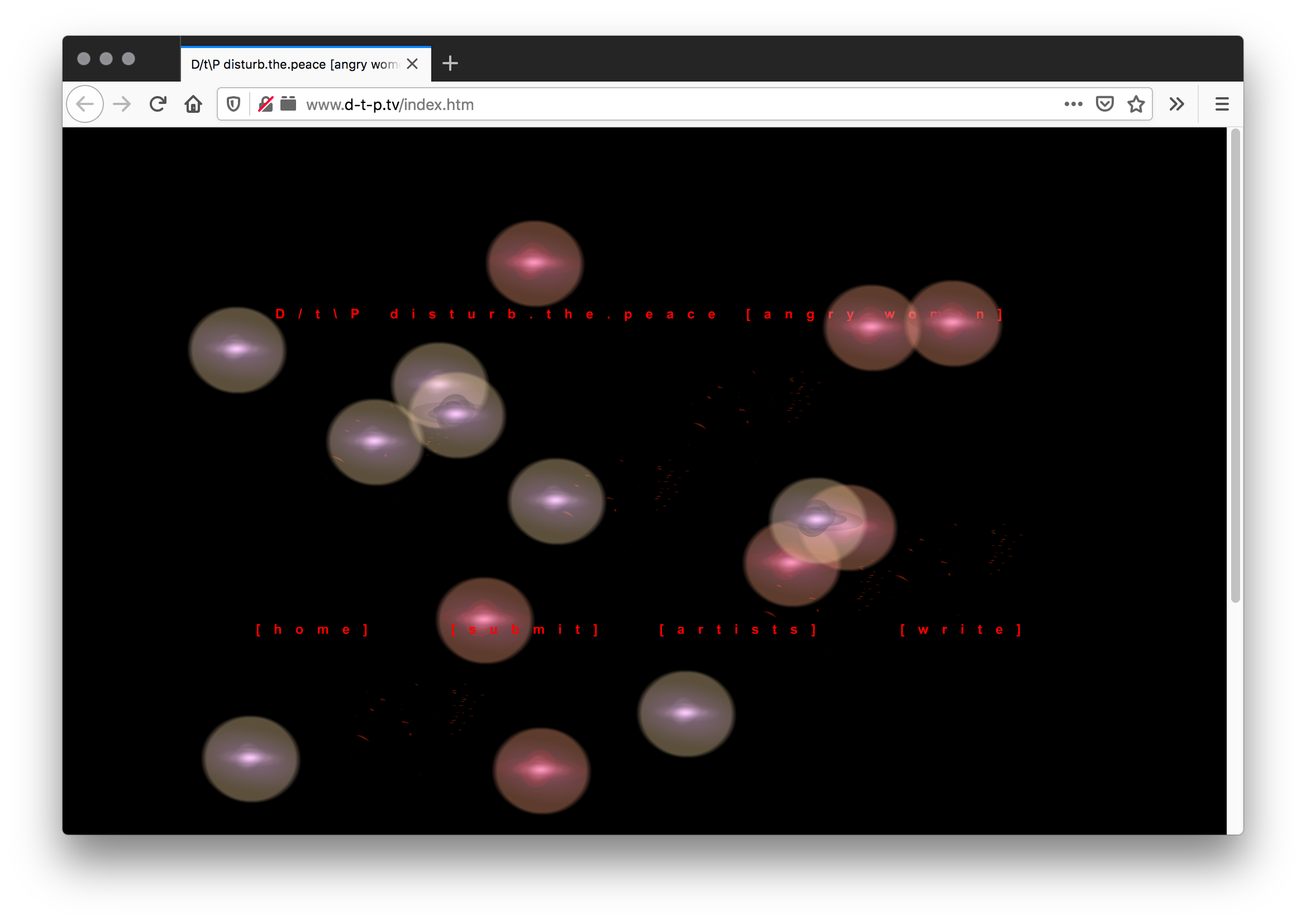 Screenshot of a black webpage with stars each protected by circular nebula float in the background. A red title spreads across the page and a menu of a home, submit, artists, and write button closed by square brackets lines parallel to the title.