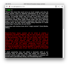 Screenshot of a black webpage with three paragraphs of light grey bolded text, red text, and another paragraph of bolded grey text. A green "close" link on the top left.