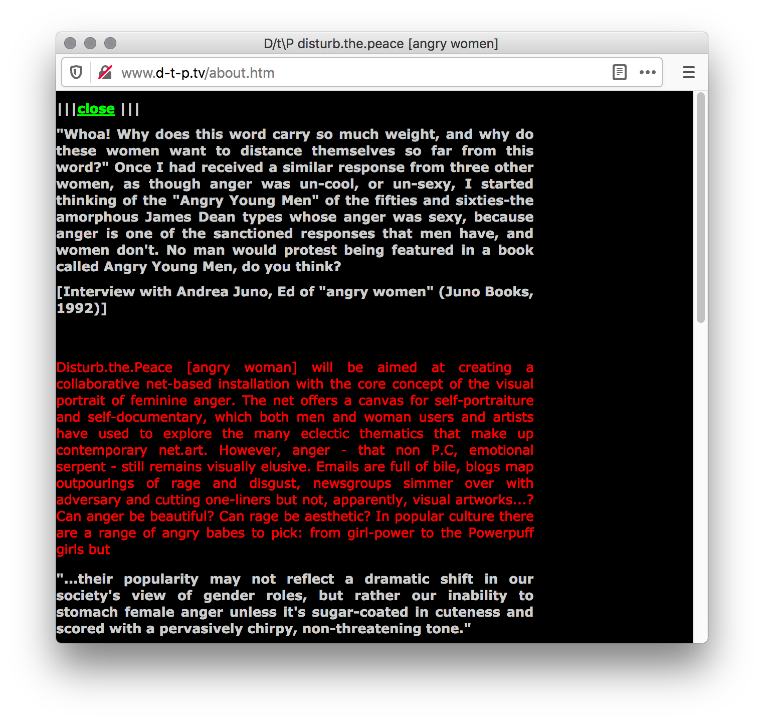 Screenshot of a black webpage with three paragraphs of light grey bolded text, red text, and another paragraph of bolded grey text. A green "close" link on the top left.