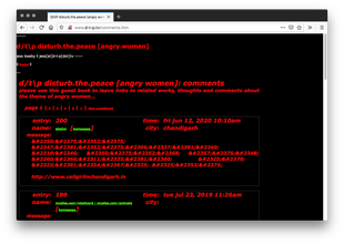 Screenshot of a black webpage made largely of bolded red text and a few green underlined links. Two white outlined boxes display the name, entry number, time, and city at the top and an indecipherable messages made of ampersands, hashtags, and numbers in