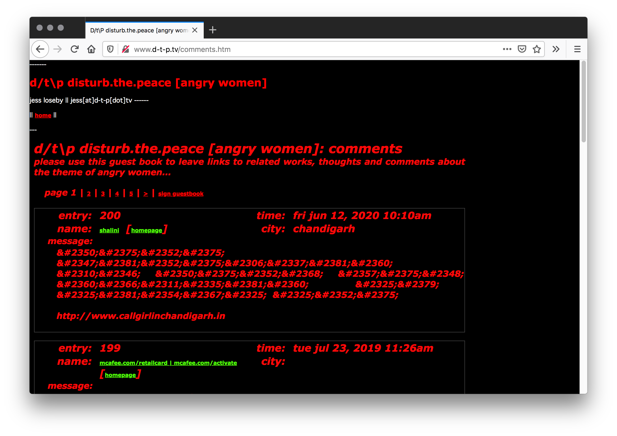 Screenshot of a black webpage made largely of bolded red text and a few green underlined links. Two white outlined boxes display the name, entry number, time, and city at the top and an indecipherable messages made of ampersands, hashtags, and numbers in