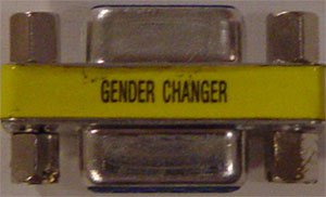 A close-up with hardware that with a yellow stripe that says “Gender Changer”