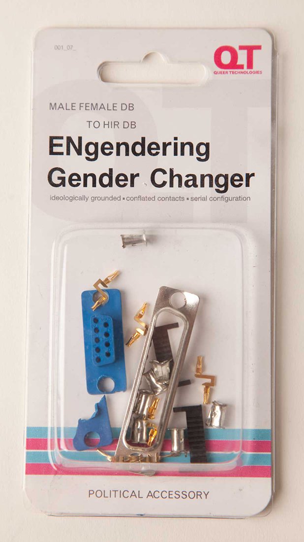 a piece of packaged hardware with ENgenderingGenderChangers as the title and hardware in plastic