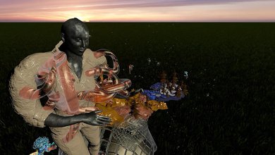 a black avatar wears an oversized cream suit and pink blobs on a black horizon