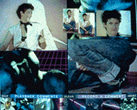 Collage of a person posing for an editorial are spread throughout the screen, enhancing features of their outfit, facial expression, and poses. Overlayed on a abstract blue figure with a purple space grid behind. A strip of several images line the bottom.